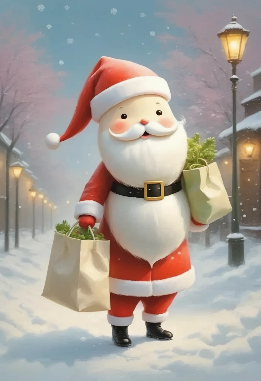  Pastel Art , Abstract Painting, cuteポストカード, masterpiece:1.2,  daikon daikon looking like Santa , cute大根, Beard,  walking on two legs,  dragging a big white bag, cute