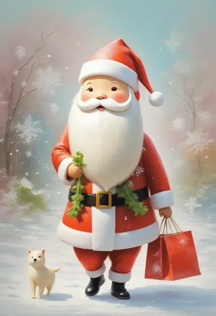  Pastel Art , Abstract Painting, cuteポストカード, masterpiece:1.2,  daikon daikon looking like Santa , cute大根, Beard,  walking on two legs,  dragging a big white bag, cute