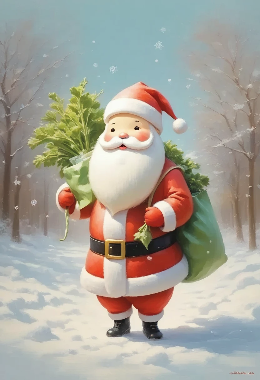  Pastel Art , Abstract Painting, cuteポストカード, masterpiece:1.2,  daikon daikon looking like Santa , cute大根, Beard,  walking on two legs,  dragging a big white bag, cute