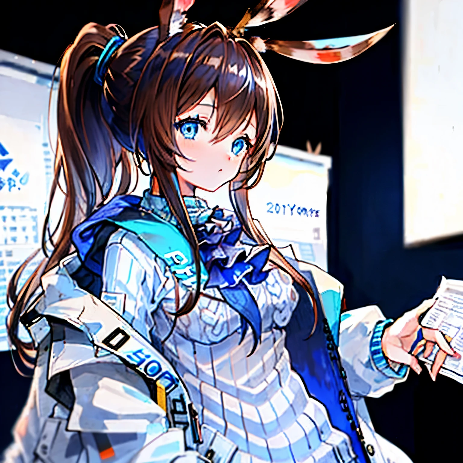 (1girl, 20 years old, amiya_arknights: 1.6), (rabbit ears, blue eyes, brown hair, long hair, single ponytail: 1.8), sassy, (office background, table, pappers: 1.6), looking at the viewer, (best quality: 1.2), (soft cinematic light: 1.5), large breasts, (jacket, blue ascot, white sweater under jacket: 1.8)