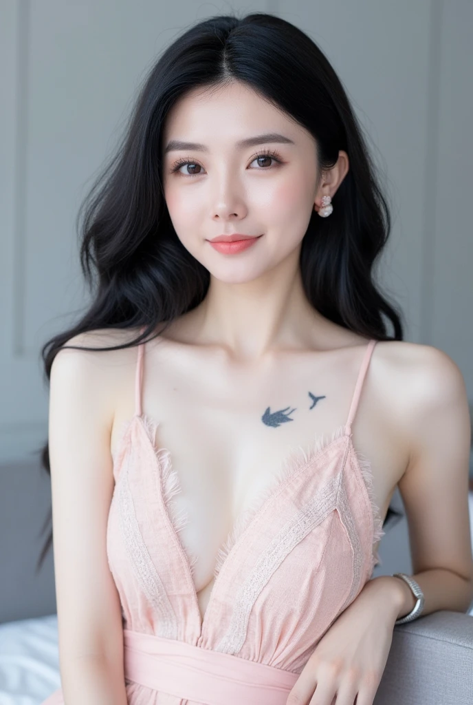 (Top Quality, 8K, Masterpiece: 1.3)), (1 person: 1.4), 1girl, Japan woman, Goddess, , portrait photography, high contrast, divine perspective, aperture F1.2, focal length 24mm, (full body: 1.2), smile, photo pose, fine lace, slip dress, simple cut dress, brand dress, simple cut, long black hair, hair tying, ultra detailed skin details, Detailed fabric texture