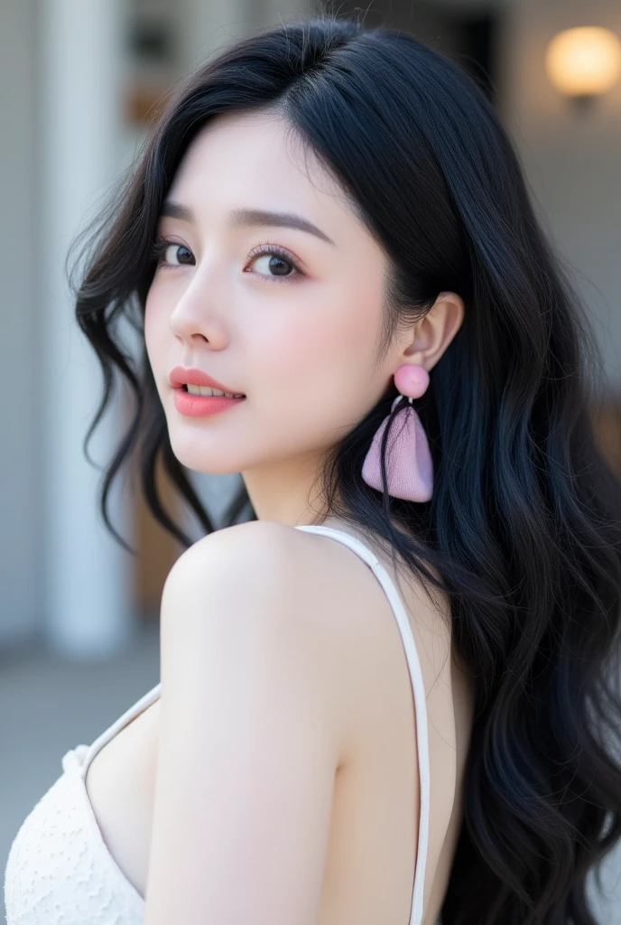 (Top Quality, 8K, Masterpiece: 1.3)), (1 person: 1.4), 1girl, Japan woman, Goddess, , portrait photography, high contrast, divine perspective, aperture F1.2, focal length 24mm, (full body: 1.2), smile, photo pose, fine lace, slip dress, simple cut dress, brand dress, simple cut, long black hair, hair tying, ultra detailed skin details, Detailed fabric texture