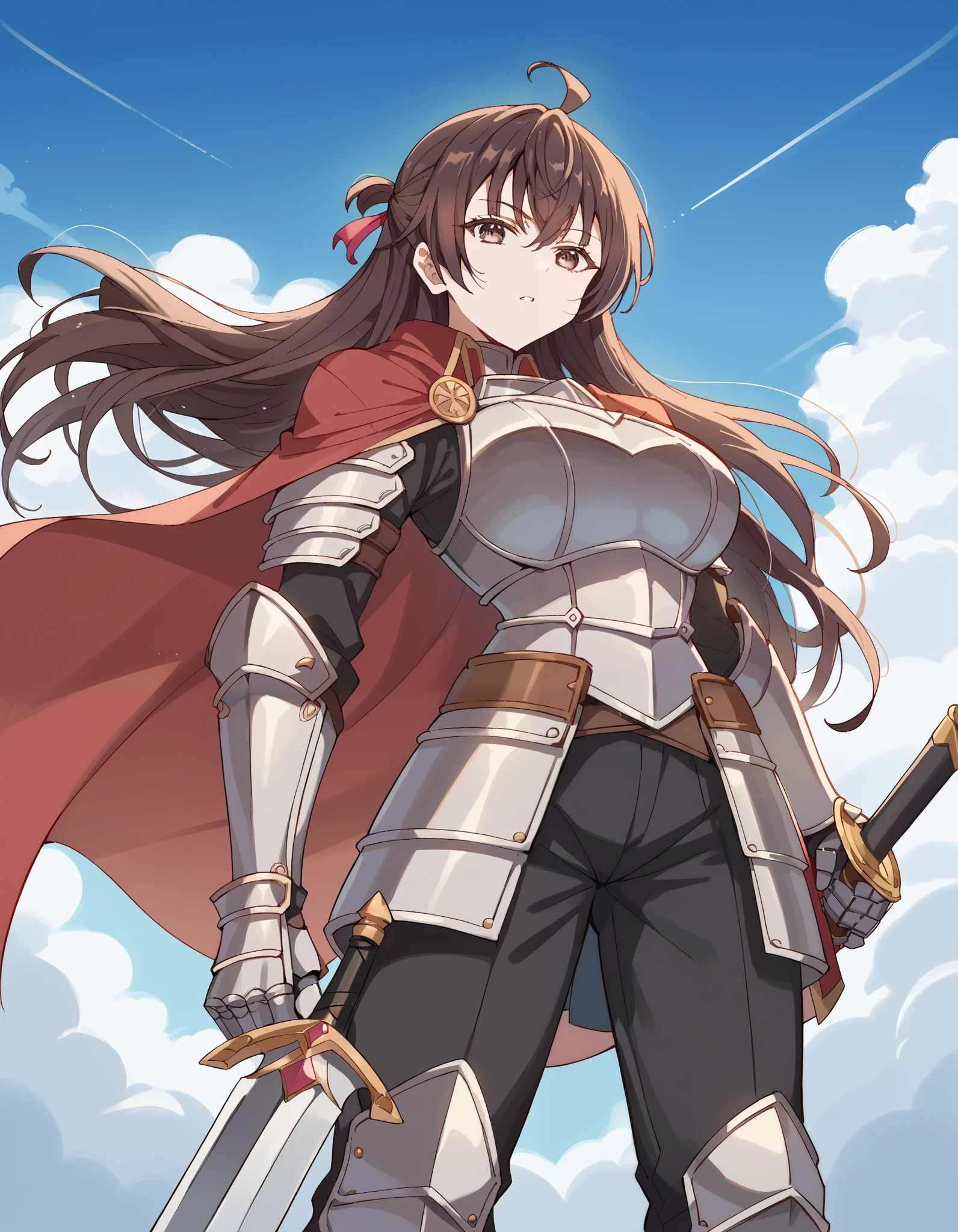 score_9, score_8_up, score_7_up, source_anime, Yuki Suou, Yuki Suou, long hair, bangs, brown eyes, hair ribbon, ahoge, brown hair,  ribbon, large breasts,, knight, armor, cape, sword, weapon, holding weapon, shoulder armor, gauntlets, helmet, pauldrons, red cape,, blue sky, clouds, from below, parted lips, looking at viewer