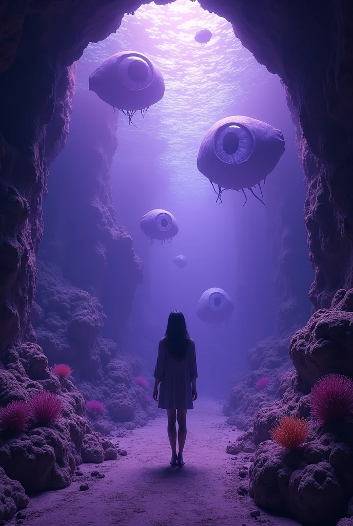 A surreal and fantastic digital artwork of a vibrant underwater realm and a resplendent sky. Underwater, a complex scene of human faces, intricately shaped from marine life and colorful corals, occupies the space. An 18-year-old girl with a slight smile, dressed in a multicolored bikini and wearing diving fins, delves into the exploration of this lively coral reef. She is surrounded by small bioluminescent creatures, their movements creating luminescent trails. Above the water's surface, the sky is a spectacle, with a rotating galaxy transforming into a giant blue eye amidst a backdrop studded with stars, nebulas, and cosmic dust. Adding to this dreamy panorama, a dolphin leaps towards a bright moon. The artwork is further enriched by a shimmering mist that adds an ethereal quality. This piece embodies ultra-realistic high-definition images with meticulous details, akin to an award-winning ultra-realistic 3D render in 8k resolution, using cinematic lighting techniques and hard edge for a strange hyper-realistic visual experience.