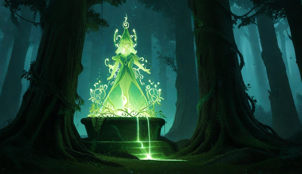 Create an illustration of a sacred fountain located in the heart of an enchanted forest, with a dark green and black color theme. The glowing fountain, shimmering with a soft green ethereal light, serves as the centerpiece, surrounded by intricate stone carvings, glowing mystical runes, and overgrown vines, adding to its ancient, magical allure. The dense forest is filled with lush trees, their branches heavy with glowing green leaves forming a thick canopy overhead. The forest floor is covered with dark moss, glowing magical symbols, and radiant plants, creating a mystical energy. A faint green mist drifts through the air, adding to the fairytale ambiance. From the fountain, the green glow extends upward, flowing along the tree trunks, illuminating them in a tall, glowing path, creating an eerie yet beautiful contrast of light and shadow. In the background, towering trees with glowing vines and spectral lights enhance the mysterious atmosphere. Subtle details like glowing runes etched into tree bark and faint silhouettes of mystical creatures hidden among the trees add depth and intrigue. The overall setting embodies dark magic, beauty, and the supernatural in a fairytale-like world.”