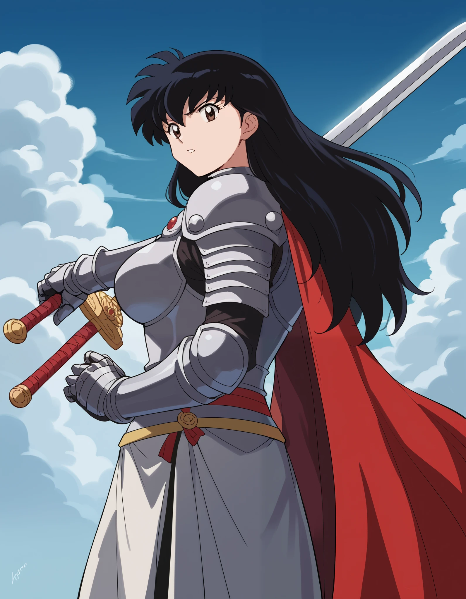 score_9, score_8_up, score_7_up, source_anime, Kagome Higurashi, long hair, , brown eyes, , ahoge, black hair, large breasts,, knight, armor, cape, sword, weapon, holding weapon, shoulder armor, gauntlets, pauldrons, red cape,, blue sky, clouds, from below, parted lips, looking at viewer