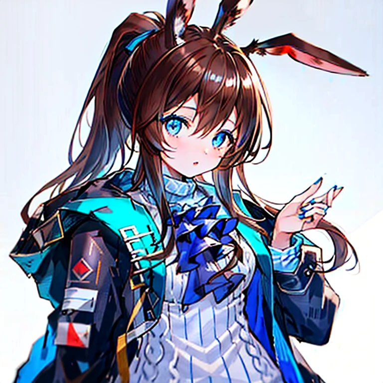 (1girl, 20 years old, amiya_arknights: 1.6), (rabbit ears, blue eyes, brown hair, long hair, single ponytail: 1.8), sassy, (office background, table, pappers: 1.6), looking at the viewer, (best quality, sharp focus: 1.6), (soft cinematic light: 1.5), large breasts, (jacket, blue ascot, white sweater under jacket: 1.8), soft smile