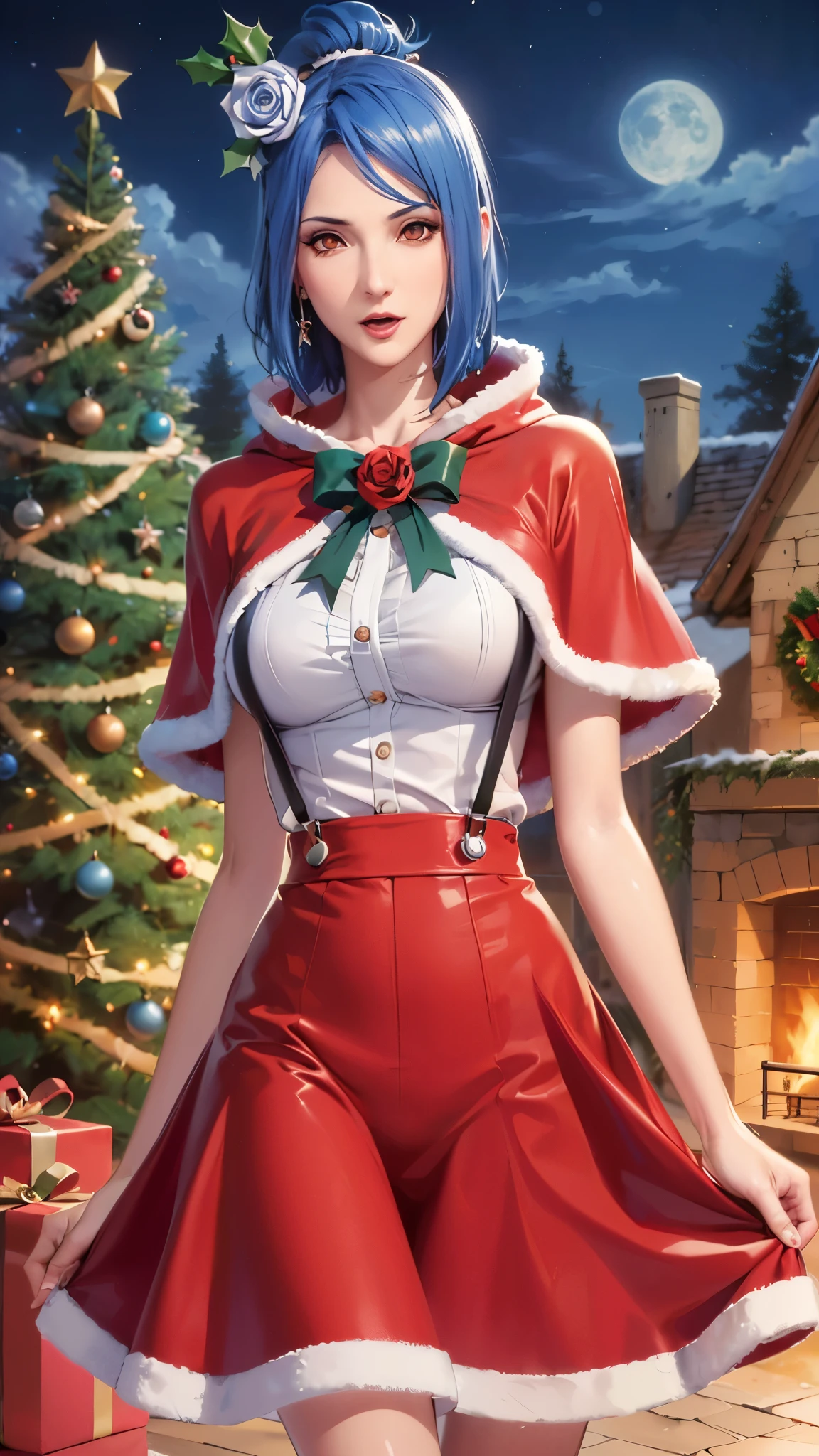score_9,score_8_up,score_7_up,high res image,masterpiece,best quality,Delicate face,mature female,zmzq ,Expressiveh,figure,完美figure,The woman \(Naruto\),(blue hair, hair_ ornament , brown eyes,rose,hair_good,:1.4),(medium breasts:1.3),( capelet ,santa_costume,white blouse,skirt,suspenders,:1.3),(shanty town/Slum,christmas_tree,night,:1.2),(:d:1.3),