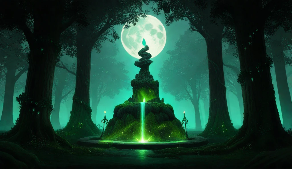 Create an illustration of a sacred fountain located in the heart of an enchanted forest, with a dark green and black color theme. The glowing fountain, shimmering with a soft green ethereal light, serves as the centerpiece, surrounded by intricate stone carvings, glowing mystical runes, and overgrown vines, adding to its ancient, magical allure. The dense forest is filled with twisted, gnarled trees, their branches heavy with glowing green leaves forming a thick canopy overhead. The forest floor is covered with dark moss, glowing magical symbols, and radiant plants, creating a mystical energy. A faint green mist drifts through the air, enhancing the ethereal atmosphere. From the fountain, the green glow extends upward, flowing along the tree trunks, illuminating them in a tall, glowing path, creating an eerie yet beautiful contrast of light and shadow. In the background, a full moon shines brightly, casting spectral lights among the trees. Subtle details like glowing runes etched into the tree bark and faint silhouettes of mystical creatures hidden among the trees add depth and intrigue. The overall setting embodies dark magic, beauty, and the supernatural in a fairytale-like world.”