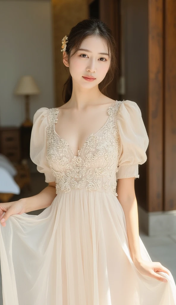 A portrait of a cute East Asian woman wearing an elegant champagne-colored dress with delicate embroidery and soft puffed sleeves. She is gracefully posing, holding out the flowy skirt of the dress, with a serene and poised expression. Her hair is styled neatly, complementing the refined and sophisticated atmosphere of the interior setting with modern architectural details.