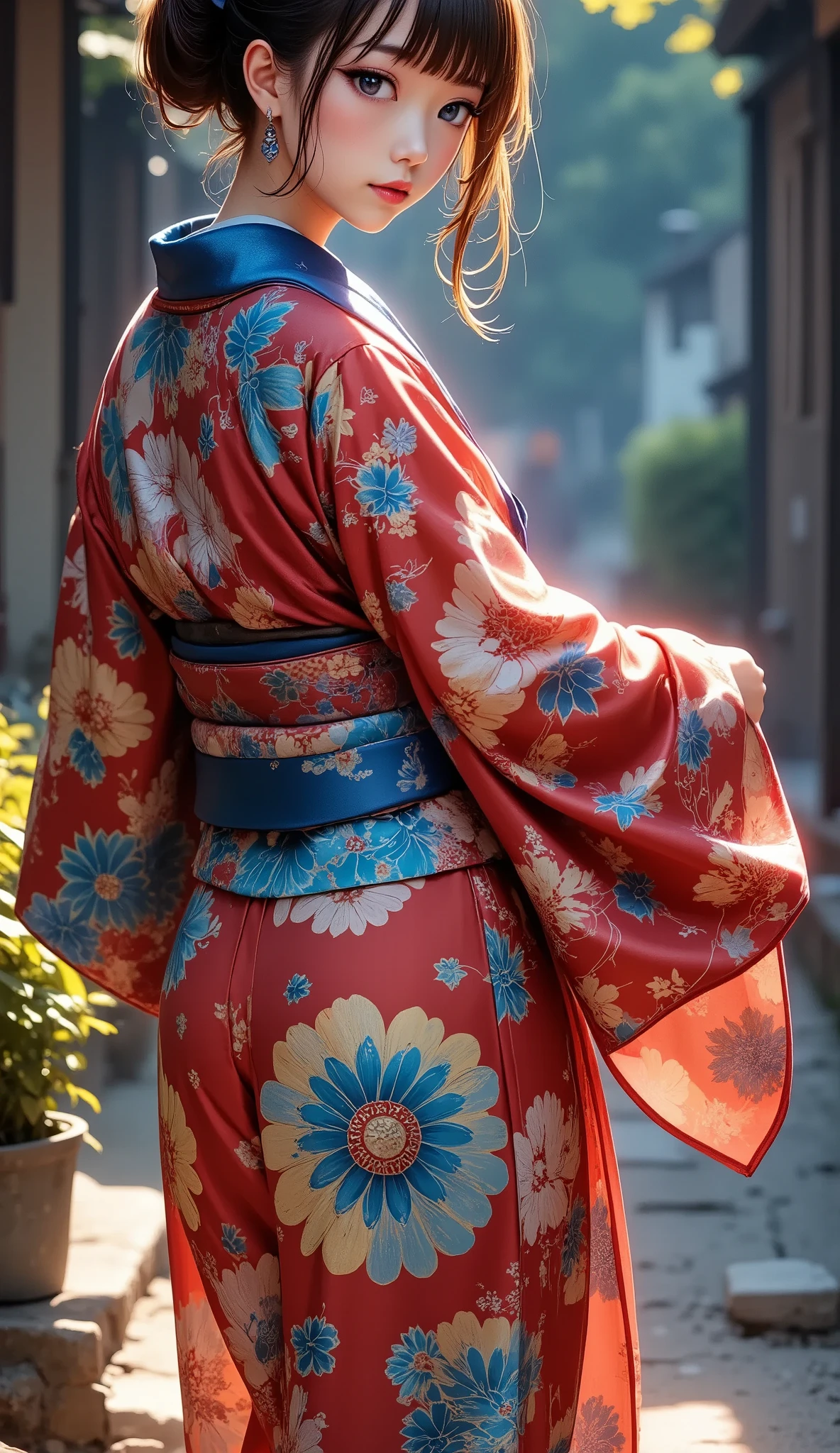 Bewitching back view, upper body focus, whole body, ((A woman wearing a Japanese kimono is sitting with her back turned, Alone, Japanese, Age 27), Luxurious Japanese Clothes , Luxurious Detailed Patterns , Beautiful Colorful Kimonos, On the futon, Tatami room, \ look back here , kimono to take off, Beautiful back and shoulders , Attractive skin), An adult smile that captivates you , calm expression , anatomically correct foot, \ Xmas decoration mix