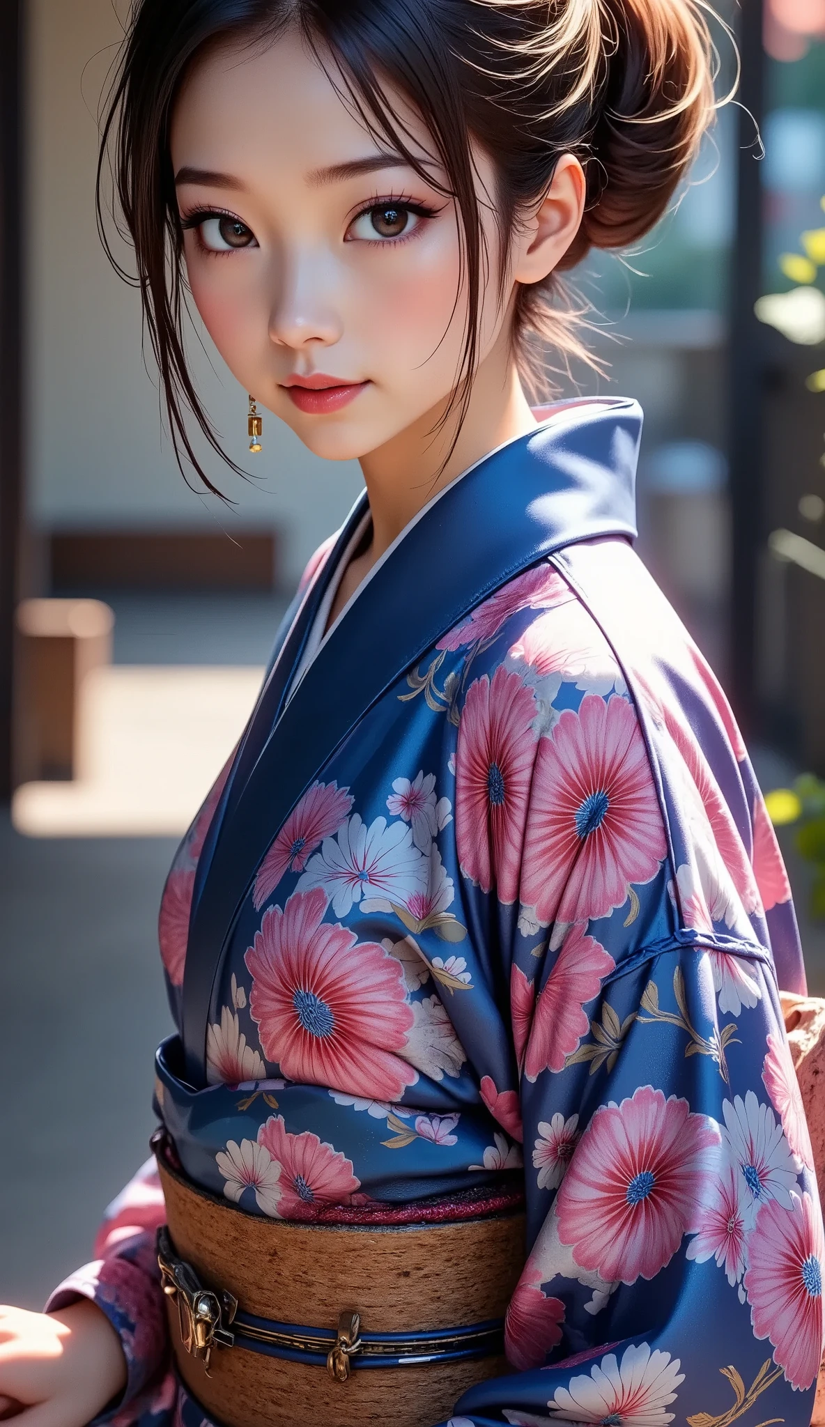 Bewitching back view, whole body, ((A woman wearing a Japanese kimono is sitting with her back turned, Alone, Japanese, Age 27), Luxurious Japanese Clothes , Luxurious Detailed Patterns , Beautiful Colorful Kimonos, On the futon, Tatami room, \ look back here , kimono to take off, Beautiful back and shoulders , Attractive skin), An adult smile that captivates you , calm expression , anatomically correct foot, \ Xmas decoration mix