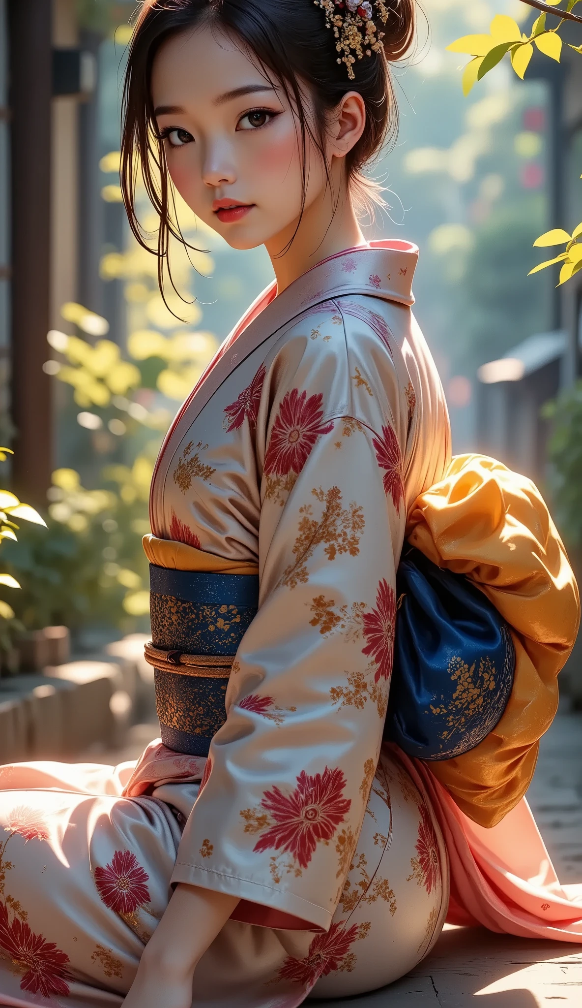 photo, (Bewitching back view, (upper body shot, whole body, Head in frame)), ((A woman wearing a Japanese kimono is sitting with her back turned, Alone, Japanese, Age 27), Luxurious Japanese Clothes , Luxurious Detailed Patterns , Beautiful Colorful Kimonos, On the futon, Tatami room, \ look back here , kimono to take off, Beautiful back and shoulders , Attractive skin), An adult smile that captivates you , calm expression , anatomically correct foot, \ Xmas decoration mix