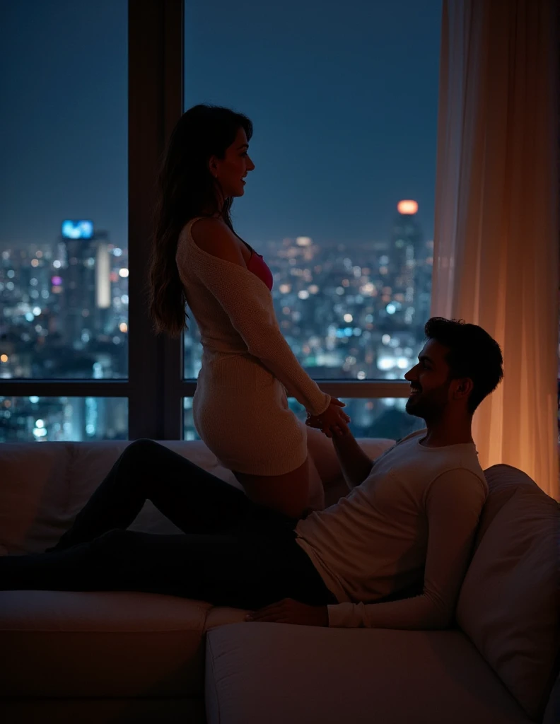 In the heart of Mumbai, within the towering confines of a high-rise apartment, the night unfolds quietly, the city lights offering a distant, twinkling backdrop to the intimate scene inside. The drawing room, spacious and modern, is bathed in the soft glow of the large TV screen, where a movie plays, casting fleeting shadows across the room. 

Kiara Advani sits comfortably on the lap of her boyfriend, who occupies the couch, his silhouette barely discernible in the dim light. They're engrossed in the film, or at least they were until a shift in her posture brings an unexpected realization. 

The room's ambiance is peaceful, the only sounds are the dialogue from the movie and the distant hum of the city below. Kiara, dressed in something cozy yet alluring, perhaps a soft, oversized sweater paired with shorts, feels the undeniable presence of her boyfriend's arousal beneath her. The moment of realization comes with a mix of surprise and amusement.

With a coy, shy laughter, she rises from his lap, turning to face him. Her expression is one of playful embarrassment, her eyes twinkling with mirth, cheeks slightly flushed in the dim light. She looks at him, though his face remains hidden in the shadows, only the outline of his form visible against the backdrop of the TV's light. Kiara's laughter is soft, a sound that fills the room with warmth, her smile wide, teasing, yet shy, conveying a mix of innocence and intimacy.

The moment hangs in the air, charged with the unspoken acknowledgment of their physical closeness, transforming a mundane movie night into something more personal, more charged with the possibility of what might follow once the movie ends or perhaps even before. The night in their Mumbai high-rise apartment is young, and the electricity between them suggests that this sudden realization might just be the beginning of a more intimate evening.