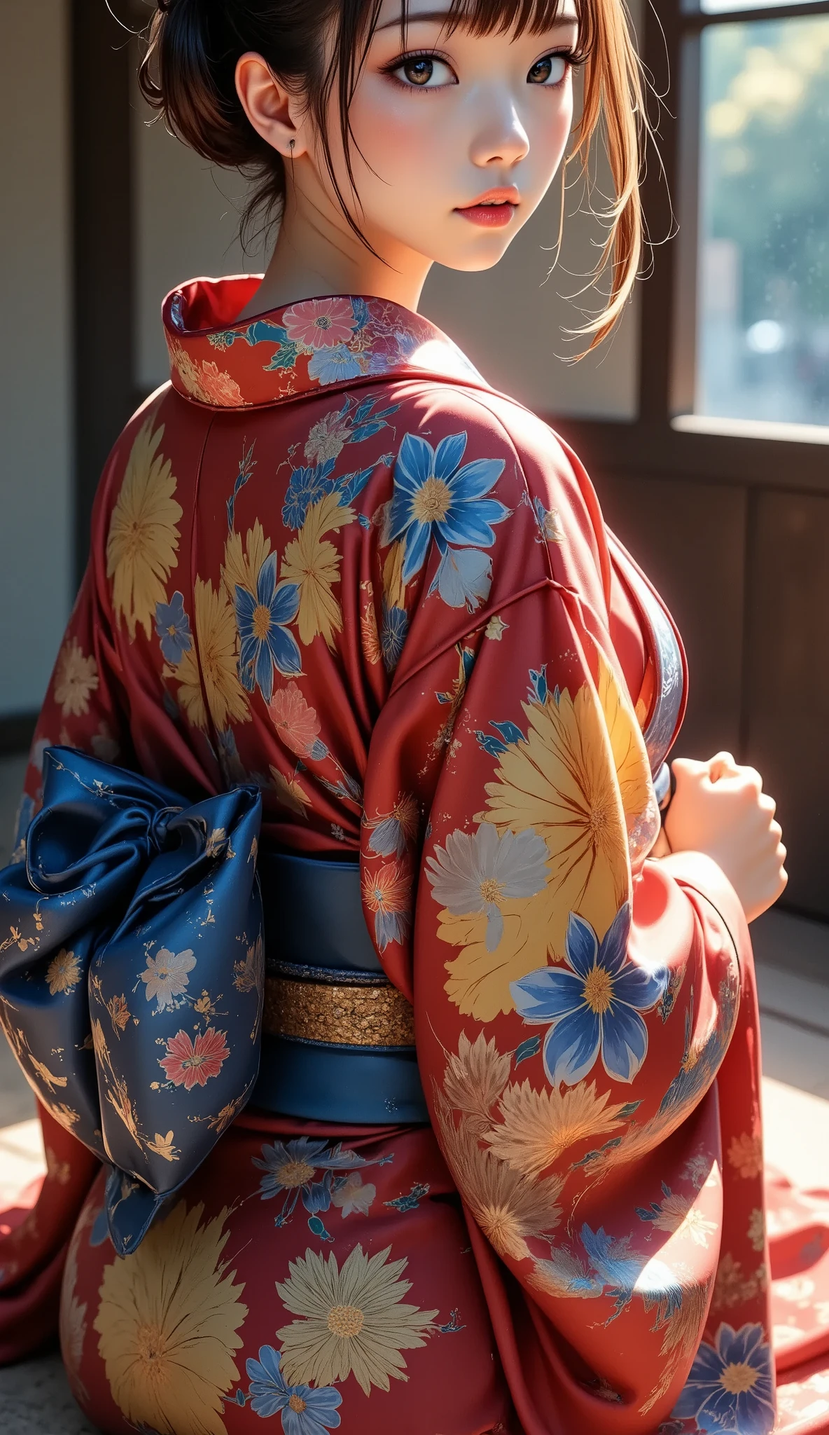 Bewitching back view, (upper body shot, whole body, Head in frame), ((A woman wearing a Japanese kimono is sitting with her back turned, Alone, Japanese, Age 27), Luxurious Japanese Clothes , Luxurious Detailed Patterns , Beautiful Colorful Kimonos, On the futon, Tatami room, \ look back here , kimono to take off, Beautiful back and shoulders , Attractive skin), An adult smile that captivates you , calm expression , anatomically correct foot, \ Xmas decoration mix