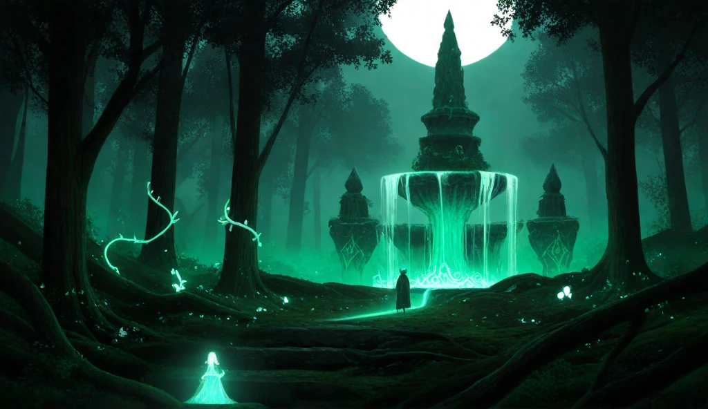 Create an illustration of a sacred fountain located in the heart of an enchanted forest, with a dark green and black color theme. The glowing fountain, shimmering with a soft green ethereal light, serves as the centerpiece, surrounded by intricate stone carvings, glowing mystical runes, and overgrown vines, adding to its ancient, magical allure. The dense forest is filled with twisted, gnarled trees, their branches heavy with glowing green leaves forming a thick canopy overhead. The forest floor is covered with dark moss, glowing magical symbols, and radiant plants, creating a mystical energy. A faint green mist drifts through the air, enhancing the ethereal atmosphere. From the fountain, the green glow extends upward, flowing along the tree trunks, illuminating them in a tall, glowing path, creating an eerie yet beautiful contrast of light and shadow. In the background, a full moon shines brightly, casting spectral lights among the trees. Subtle details like glowing runes etched into the tree bark and faint silhouettes of mystical creatures hidden among the trees add depth and intrigue. The overall setting embodies dark magic, beauty, and the supernatural in a fairytale-like world.”