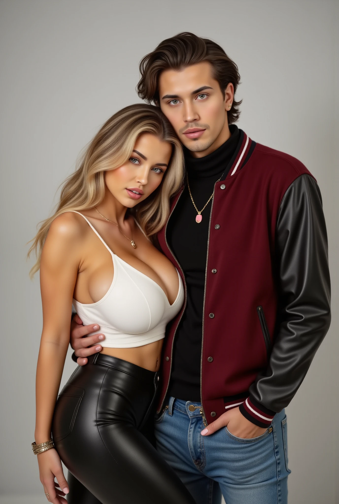 2 people photo shooting, full body photo, head to toe, night, having fun, good time, being goofy, laughing, looking at viewer, touching boobs and pants, mik4ylademflx, gorgeous woman with long blonde hair, simple white background, pink croptop, white background, jewelry, parted lips, pants, necklace, bracelet, lips, black leather pants, realistic, bead bracelet, 1 white thin good looking rockstar American male 20 years old with medium length curled black hair with dark red wool college jacket and black leather sleeves, with black sweater and blue jeans, small pink plectrum necklace, professional Photography, Photorealistic, detailed eyes, RAW, analog, sharp focus, 8k, HD, DSLR, high quality, Fujifilm XT3, film grain, award winning, masterpiece, 