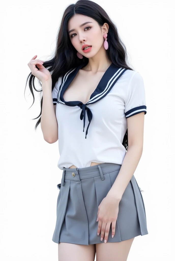 A sultry mermaid-like siren, her porcelain doll-like complexion aglow under softbox lighting on a crisp white background. Her luscious locks cascade down her back as she poses in a school uniform getup, complete with a crisp white shirt and short grey skirt, her human features a striking contrast to the nautical attire