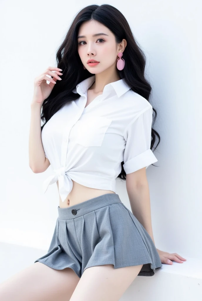 A sultry mermaid-like siren, her porcelain doll-like complexion aglow under softbox lighting on a crisp white background. Her luscious locks cascade down her back as she poses in a school uniform getup, complete with a crisp white shirt and short grey skirt, her human features a striking contrast to the nautical attire