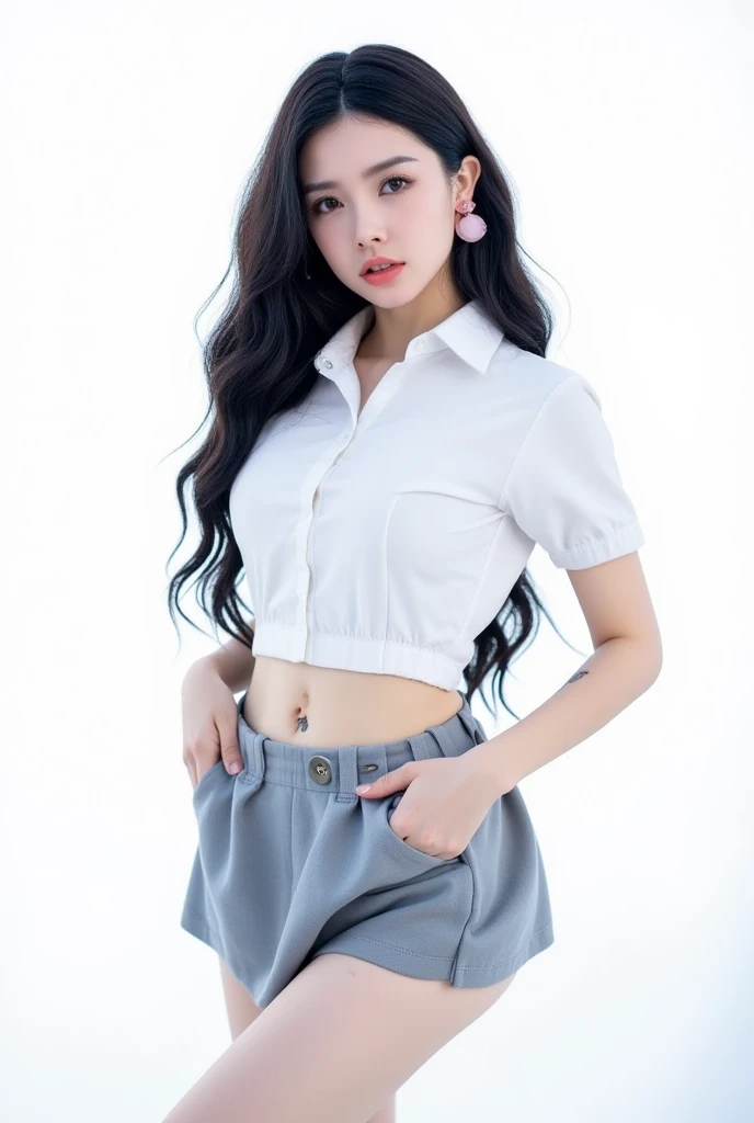 A sultry mermaid-like siren, her porcelain doll-like complexion aglow under softbox lighting on a crisp white background. Her luscious locks cascade down her back as she poses in a school uniform getup, complete with a crisp white shirt and short grey skirt, her human features a striking contrast to the nautical attire