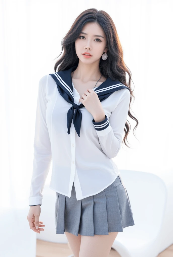 A sultry mermaid-like siren, her porcelain doll-like complexion aglow under softbox lighting on a crisp white background. Her luscious locks cascade down her back as she poses in a school uniform getup, complete with a crisp white shirt and short grey skirt, her human features a striking contrast to the nautical attire