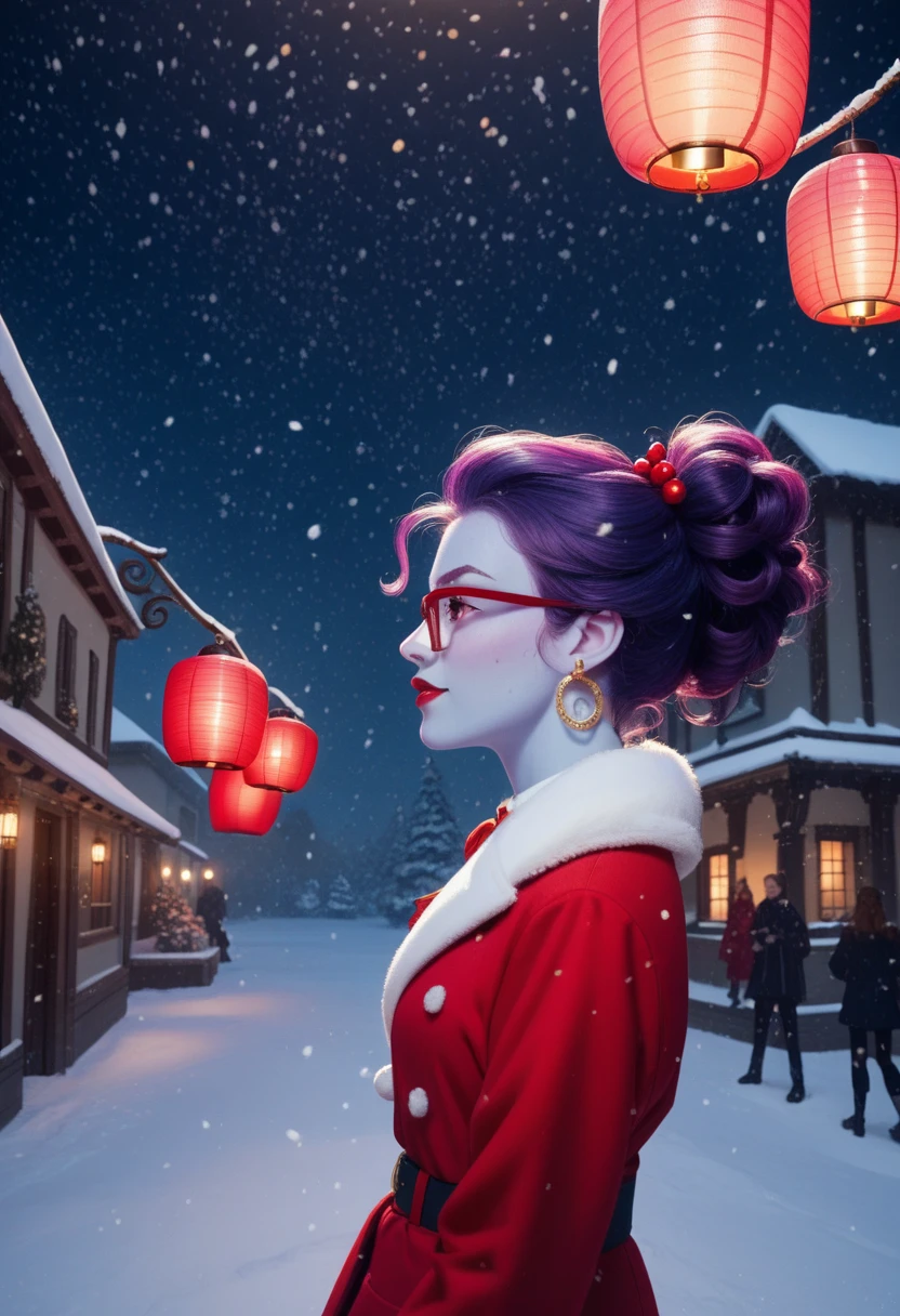  1 girl fights,  Abacus Sinch ,  Director Cinch, Principal Cinch ,  purple hair with lilac strands,  hair flowing ,  medium length curly hair , blue skin, maroon glasses ,  dark red eyebrows , red lips,  pink eyes ,  birthmark all over the body ,  white round earrings .  Background street at night dark ,  lots of lanterns and lanterns , garlands , snowing , It&#39;s snowing.  The girl is warmly dressed in a Christmas costume,  Christmas coat , rejoices.  beautiful view from below ,  pink light , pink lanterns .  Eats Christmas cookies