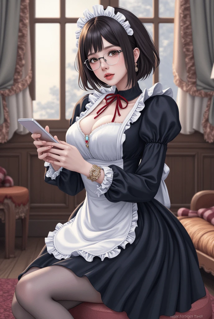 (Ultra Realistic),(Best Quality, Masterpiece:1.2),Solo, Photorealistic,,(detailed hazel eyes, short hair, wearing glasses,large breasts), (maid outfit), Stocking,crushed velvet, skirt, bow, ribbon, jewel, long sleeves,Frills,lace,Thigh high,detalied_background, fantasy art, kingdom