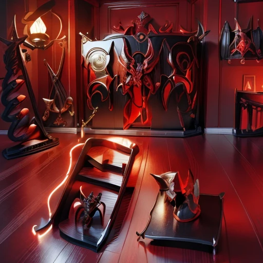 A beautiful bedroom, dragon themed, technological, cherry black and dark colored, ultra defined,ultra inspired, masterpiece, 4k, uhd, aggressive design, beautiful , futuristic medievale atmosphere, hyper realistic, beautiful decourations, a bed, a cupboard, a stairs, a lamp