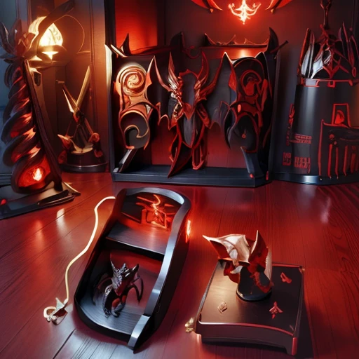 A beautiful bedroom, dragon themed, technological, cherry black and dark colored, ultra defined,ultra inspired, masterpiece, 4k, uhd, aggressive design, beautiful , futuristic medievale atmosphere, hyper realistic, beautiful decourations, a bed, a cupboard, a stairs, a lamp