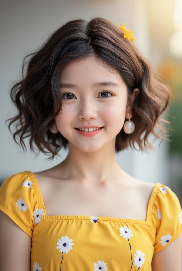 a beautiful girl with short curly brown hair,smiling,,dressed in a yellow dress with flower print,brown eyes,(best quality,4k,8k,highres,masterpiece:1.2),ultra-detailed,(realistic,photorealistic,photo-realistic:1.37),HDR,UHD,studio lighting,ultra-fine painting,sharp focus,physically-based rendering,extreme detail description,professional,vivid colors,bokeh,pixel art,scenary
