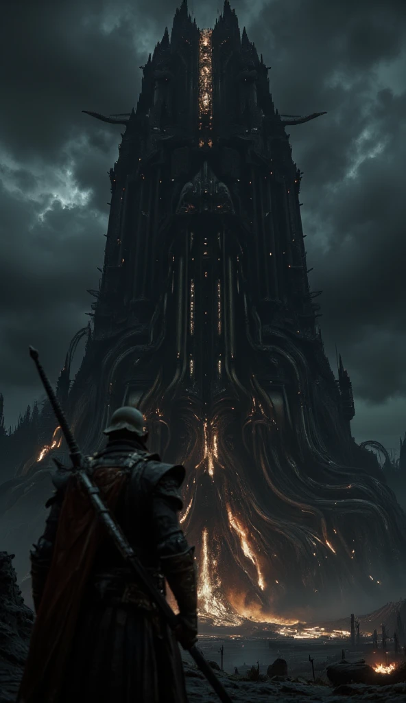 3D render of a man with a huge thick sword on his back, staring at a tall black building at night. The man is very close to the camera. The building is emitting ominous light from below, with huge pipes and structures letting out steam. The structure of the build is so massive that the ground structure of massive pipes extends to the area where the man is standing. The night sky is bright but full of clouds. The color is bright and sharp, with ample light to show the details of the man's sword and the building's facade.