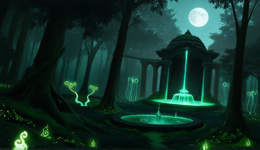 Create an illustration of a sacred fountain located in the heart of an enchanted forest, with a dark green and black color theme. The glowing fountain, shimmering with a soft green ethereal light, serves as the centerpiece, surrounded by intricate stone carvings, glowing mystical runes, and overgrown vines, adding to its ancient, magical allure. The dense forest is filled with twisted, gnarled trees, their branches heavy with glowing green leaves forming a thick canopy overhead. The forest floor is covered with dark moss, glowing magical symbols, and radiant plants, creating a mystical energy. A faint green mist drifts through the air, enhancing the ethereal atmosphere. From the fountain, the green glow extends upward, flowing along the tree trunks, illuminating them in a tall, glowing path, creating an eerie yet beautiful contrast of light and shadow. In the background, a full moon shines brightly, casting spectral lights among the trees. Subtle details like glowing runes etched into the tree bark and faint silhouettes of mystical creatures hidden among the trees add depth and intrigue. The overall setting embodies dark magic, beauty, and the supernatural in a fairytale-like world.”