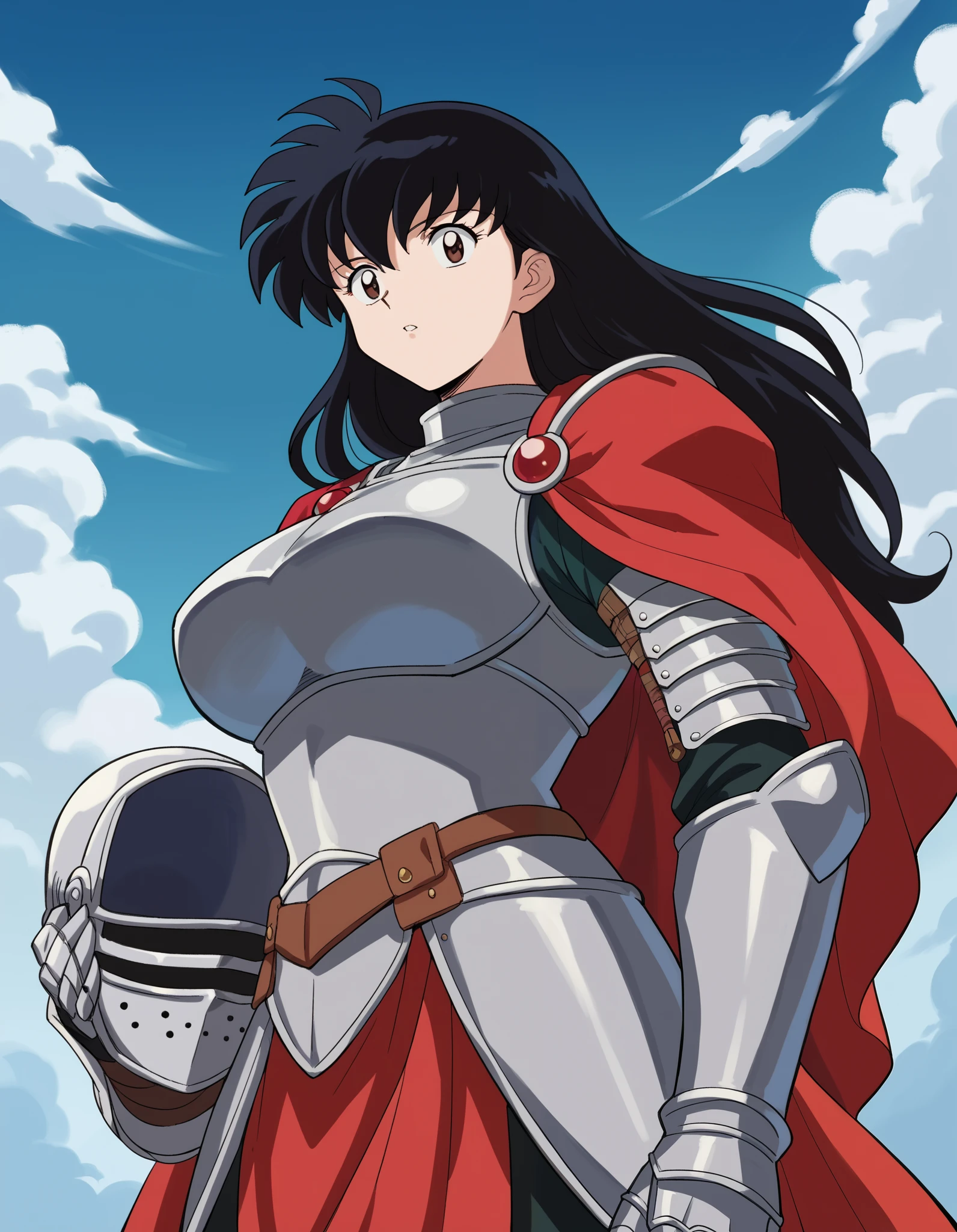 score_9, score_8_up, score_7_up, source_anime, Kagome Higurashi, long hair, , brown eyes, , ahoge, black hair, large breasts,, knight, armour, holding helmet , shoulder armor, gauntlets, pauldrons, red cape,, blue sky, clouds, from below, parted lips, looking at viewer