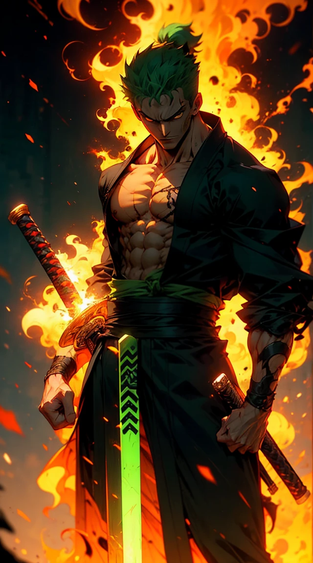 A hyper-detailed, full-body anime-style depiction of Roronoa Zoro from *One Piece*. Zoro is standing confidently, facing the viewer with a fierce expression. His green hair is slightly messy, framing his scarred face, including the iconic vertical cut over his left eye. Dressed in a dark green kimono tied with a yellow obi, his muscular build is emphasized. He bites the hilt of a katana angled to the right, with two other swords sheathed at his waist. Vibrant green and black energy auras surround him, creating a dynamic, otherworldly atmosphere against a tranquil Japanese landscape.