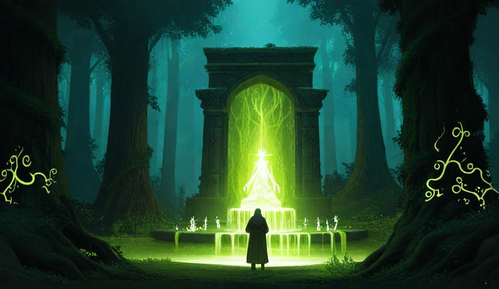 Create an illustration of a sacred fountain, the source of magical power, located deep within an enchanted forest. This fountain has long been the source of strength for the King or Queen of the Forest, who has ruled for millennia, drawing power from its ethereal waters. The scene should reflect the transition between eras, marking the end of the old ruler’s reign and the beginning of a new era. The fountain glows with an ethereal green light, surrounded by ancient stone carvings, glowing runes, and overgrown vines, emphasizing its timeless power.

The King or Queen, regal and wise, stands at the center, their presence commanding the forest. They are bathed in the soft glow from the fountain, symbolizing their connection to the ancient power. In the background, towering trees with glowing green leaves form a dense canopy overhead. A new heir or successor, a figure with a fresh vision and ideas, stands nearby, ready to take over the responsibility of protecting the magical forest. This transition symbolizes a new age of balance and strength for the enchanted realm.

The scene is imbued with a dark green and black color theme, with faint mist drifting through the air, giving the entire forest a mystical, yet solemn, atmosphere. Glowing magical symbols cover the forest floor, and faint, spectral lights flicker among the trees, adding to the mystery and sense of change. The overall setting captures the essence of transformation, balance, and the eternal cycle of magic and leadership.