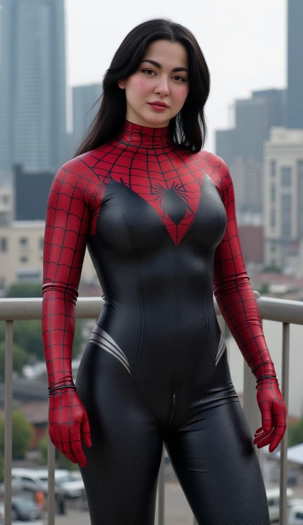 busty Hania Amir in spiderman costume, her costume is like a bodysuit, small waist, big hips, she has big breasts, (black hair), HD, remastered, HQ, 4K quality, cyberpunk cityscape, The very sexy spider gwen with her neckline outfit 