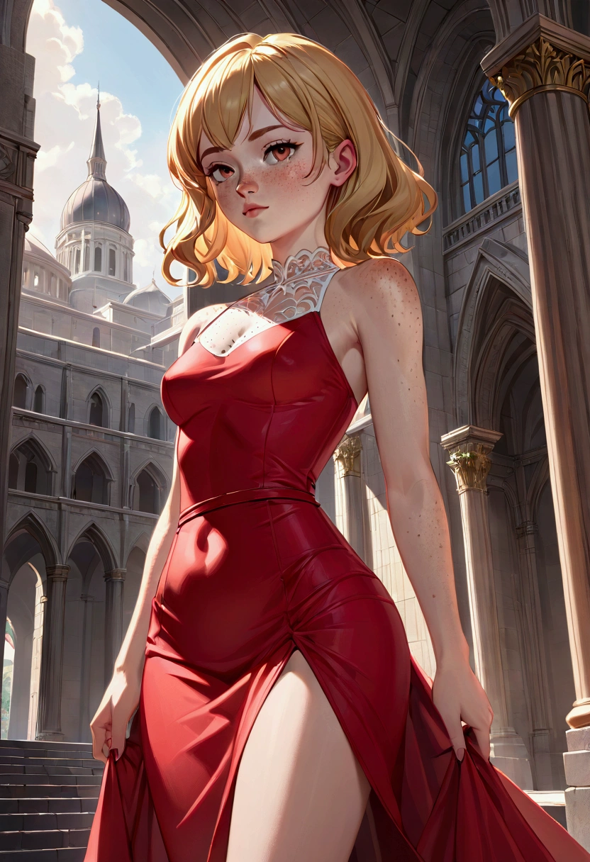 a girl,white,by blond,with freckles,  slim build , with waist, tight red dress, is