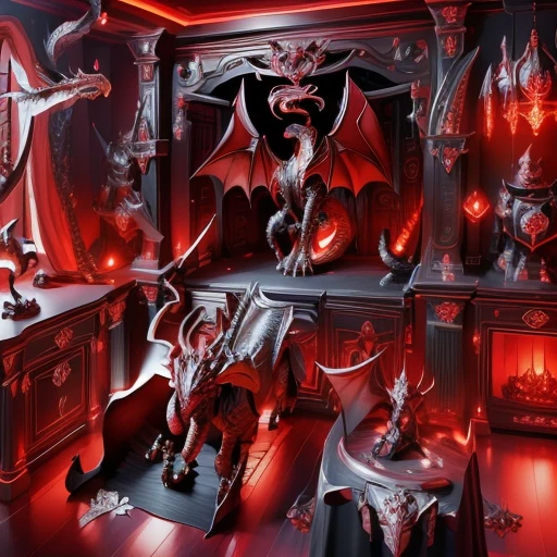 A beautiful bedroom, dragon themed, technological, cherry black and dark colored, ultra defined,ultra inspired, masterpiece, 4k, uhd, aggressive design, beautiful , futuristic medievale atmosphere