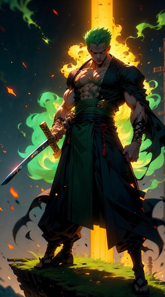 A hyper-detailed, full-body anime-style depiction of Roronoa Zoro from *One Piece*. Zoro is standing confidently, facing the viewer with a fierce expression. His green hair is slightly messy, framing his scarred face, including the iconic vertical cut over his left eye. Dressed in a dark green kimono tied with a yellow obi, his muscular build is emphasized. He bites the hilt of a katana angled to the right, with two other swords sheathed at his waist. Vibrant green and black energy auras surround him, creating a dynamic, otherworldly atmosphere against a tranquil Japanese landscape.