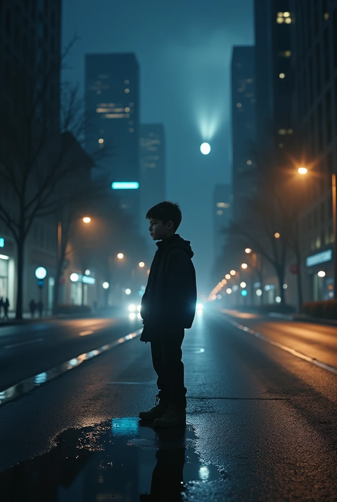 Boy with headphones in hoodie in night on street 4k
