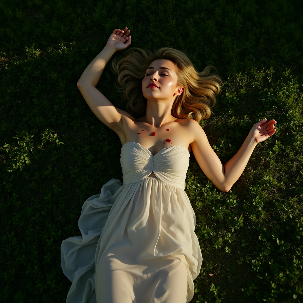 a top down full body photorealistic depiction of a beautiful hayden panettiere, lying unconscious on a grassy ground, eyes closed, arms stretched out, legs bent, her blonde hair tousled, with injuries across her body, serene yet haunting scene with her eyes gently closed, soft sunlight filtering through trees, casting dappled shadows, detailed textures of the grass and fabric, ultra-realistic, cinematic compositiond