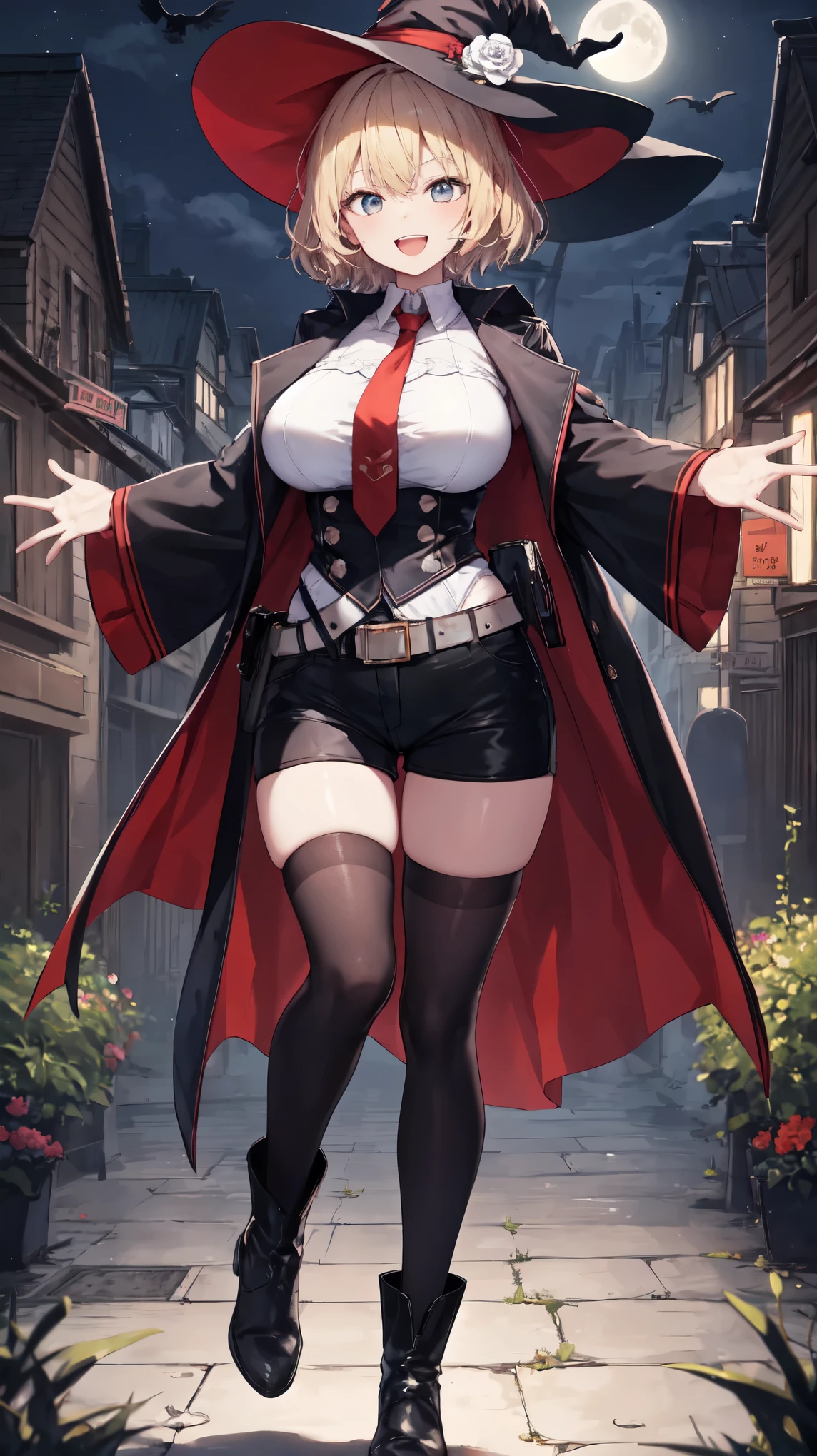 vampire woman, fangs, white hair, red eyes, cape, pantyhose, mini skirt, tight t-shirt, giant breasts, latex gloves, 8k, hd, masterpiece, full body, white background