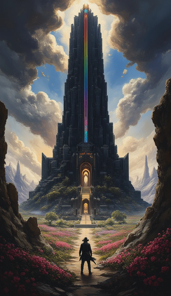 oil painting, dark tower by stephen kin, The Tower is a six hundred floor spire made of black stone, and the only entrance is a door of ghostwood, with the words "Unfound" written upon it. The tower has a central oriel window which is striated with thirteen different colours which inspired the design of Arthur Eld's crown. In other worlds, the Dark Tower can take a number of forms including a tiger and a black house. The Dark Tower is surrounded by a huge field of roses. The Dark Tower is the center of all creation. It is said to be Gan's body, and is held up by six Beams of great size and length, visible only by their effects on the lands along their lines - such as patterns in the clouds. At each end of the Beams, there is a portal, for a total of twelve. Each portal is protected by a guardian animal.