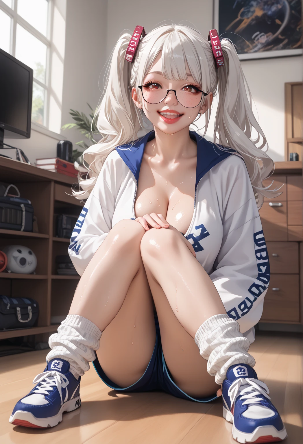 (1girl), red eyes, white hair, pigtails, freckles on nose, long hair,, x ornament, big lips, pretty lips,  gyaru hairstyle, 8K、4K,、high-level image quality、top-quality、supreme１People Girls,hightquality,A detailed face、A detailed eye、mature, sexy Detailed nose、Detailed mouth、 Beautiful expression, ((masuter piece)), ((High resolution)), ((Best Quality)), detail, (Excited face.Very happy,), ((Sweating、Lustrous skin)), (Sportsbra:1.2、sport shorts:1.3 loose socks:1.2 sneakers:1.2)、 girl with, a blond, (Half Twin Tail)、(((Sit up:1.3、Legs wide open:1.5)))、fair white skin:1.3、、big breast, cinmatic lighting, perfectly shaded,(((girl's own room))), Realistic lighting with shades,Reflecting the whole body