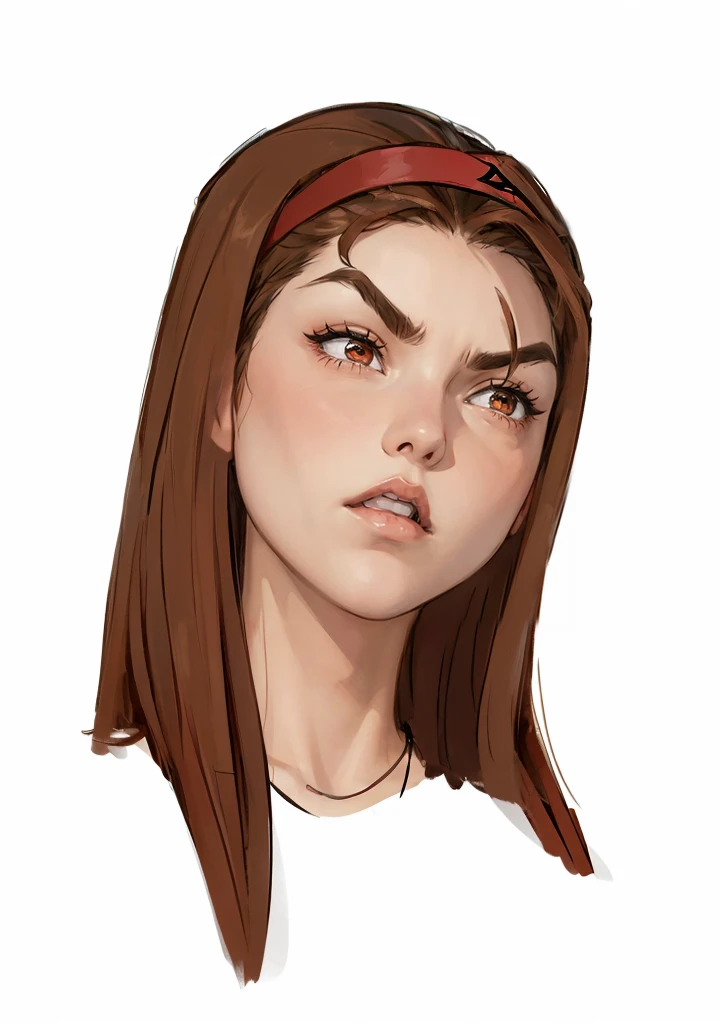  an ultra sexy 16-year-old woman straight brown hair  (Extreme brown hair with a ((  red band in her hair a straight arc  ) The red in her hair a tiara  )) looking at the right side of the 8k artwork beautiful brown hair image ( She's angry angry )