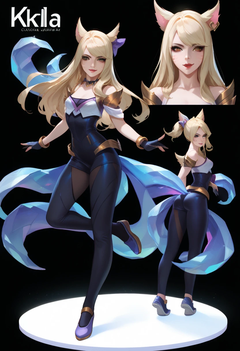 ((full body shot)) Ahri KDA / LoL((character design sheet)), masterpiece, best quality, highly detailed, score_9, score_8_up, score_7_up, score_6_up, anime font,BREAK , 2girl, long hair, blue eyes, hair bow, small breasts, bow, looking at viewer, freckles, parted lips, smile, full body, red lips, lips, side front, she looks at you, your gauze hurts, fishnets, white background, neutral cast, dance pose, shoulder pads, leather ballet slipper , gold, gloves

