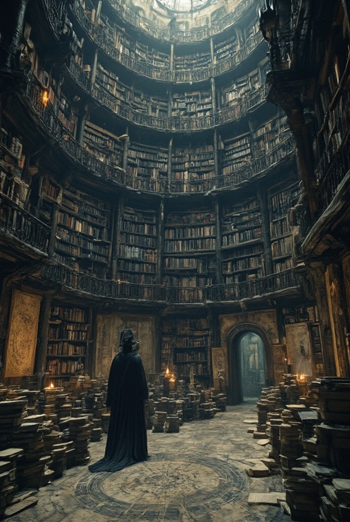 super black Dark Tower, Inside the Dark Tower is a huge library, with countless scrolls and books on shelves that extend from the ground to the invisible ceiling. A witch wearing a long robe was shuttling between bookshelves, her figure faintly appearing in the dim candlelight. The walls are covered with ancient maps and star charts, and the air is filled with the scent of old paper. This scene is full of knowledge and mystery, symbolizing the source of wisdom and power