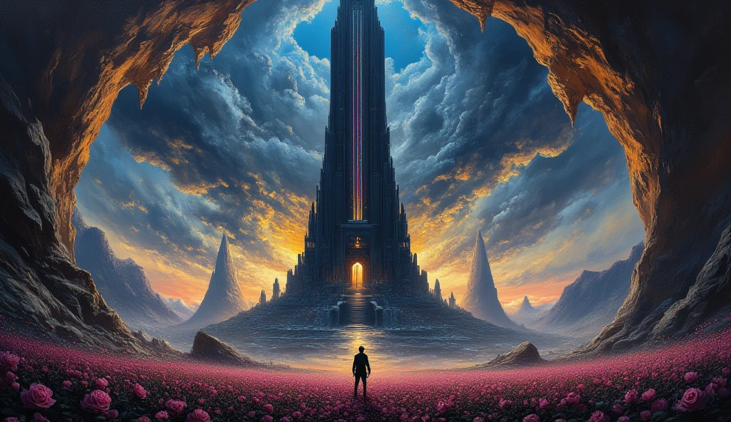 oil painting, dark tower by stephen kin, The Tower is a six hundred floor spire made of black stone, and the only entrance is a door of ghostwood, with the words "Unfound" written upon it. The tower has a central oriel window which is striated with thirteen different colours which inspired the design of Arthur Eld's crown. In other worlds, the Dark Tower can take a number of forms including a tiger and a black house. The Dark Tower is surrounded by a huge field of roses. The Dark Tower is the center of all creation. It is said to be Gan's body, and is held up by six Beams of great size and length, visible only by their effects on the lands along their lines - such as patterns in the clouds. At each end of the Beams, there is a portal, for a total of twelve. Each portal is protected by a guardian animal.