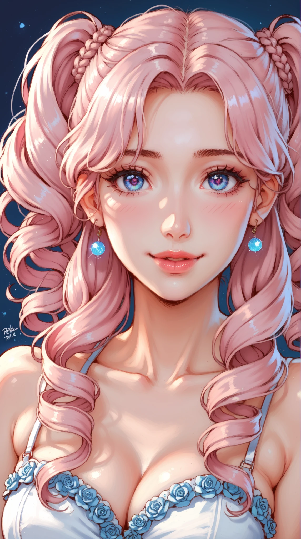 A close-up portrait of a young Korean woman with soft, glowing skin and distinct facial features. Her face is framed by voluminous, curly pink hair styled into two playful high pigtails, with loose curls cascading gently down. The hair has a luminous quality, with subtle variations in shades of pastel and vibrant pink, giving it a dynamic, lively appearance. Her large, almond-shaped eyes glow with an incandescent lilac hue, exuding both warmth and mystery, framed by long, dark lashes. A small, refined nose sits delicately at the center of her face, complementing her symmetrical features. Her lips are full, plump, and perfectly defined, naturally tinted with a soft pinkish-red shade, accentuated by a bright, inviting smile that exudes confidence and charm. The background is blurred, highlighting her radiant complexion and vibrant features, while soft lighting enhances her facial contours, creating a dreamy, ethereal atmosphere. The focus is entirely on her face, capturing her youthful energy and unique beauty in intricate detail.
(anime style 32K, HDR, UHD, intricate detail, extremely intricate detail, hyperrealistic, extremely realistic, high quality, vivid color, extremely detailed).