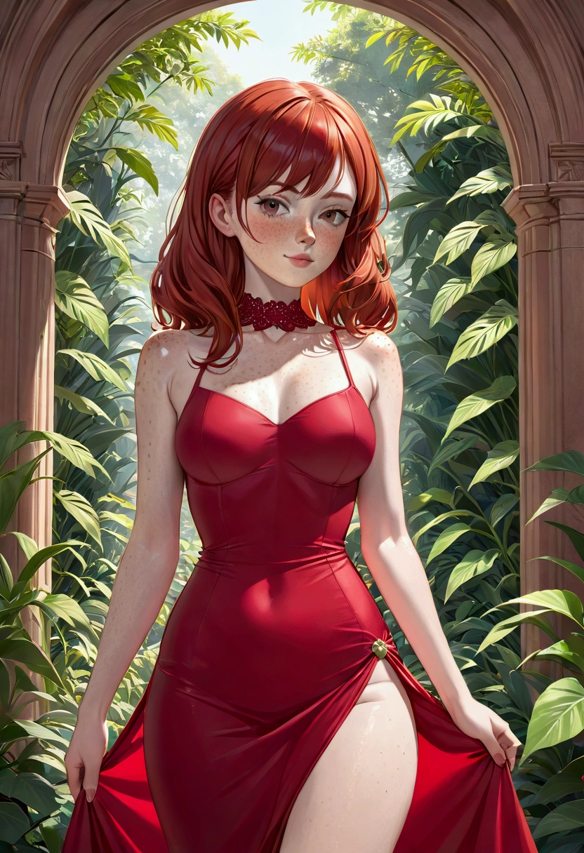 a girl,white, redhead, with freckles,  slim build , with waist, tight red dress, is